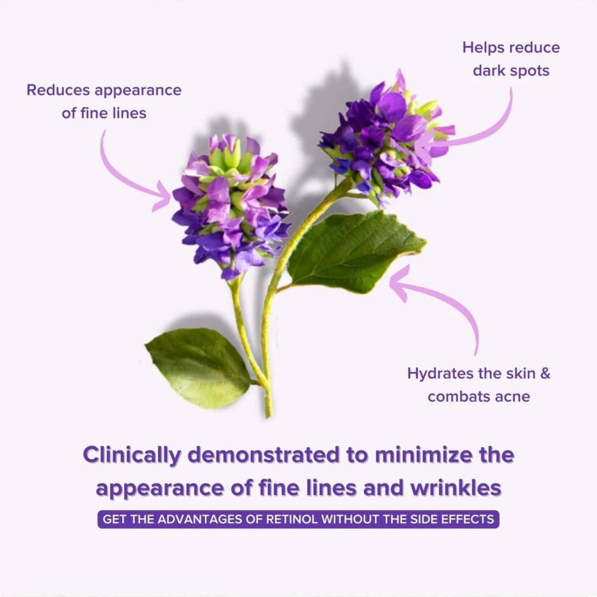 Anti-Aging Bakuchiol Eye Serum features flowers illustrating benefits like reducing fine lines, dark spots, and hydrating skin.
