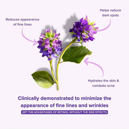 Anti-Aging Bakuchiol Eye Serum features flowers illustrating benefits like reducing fine lines, dark spots, and hydrating skin.