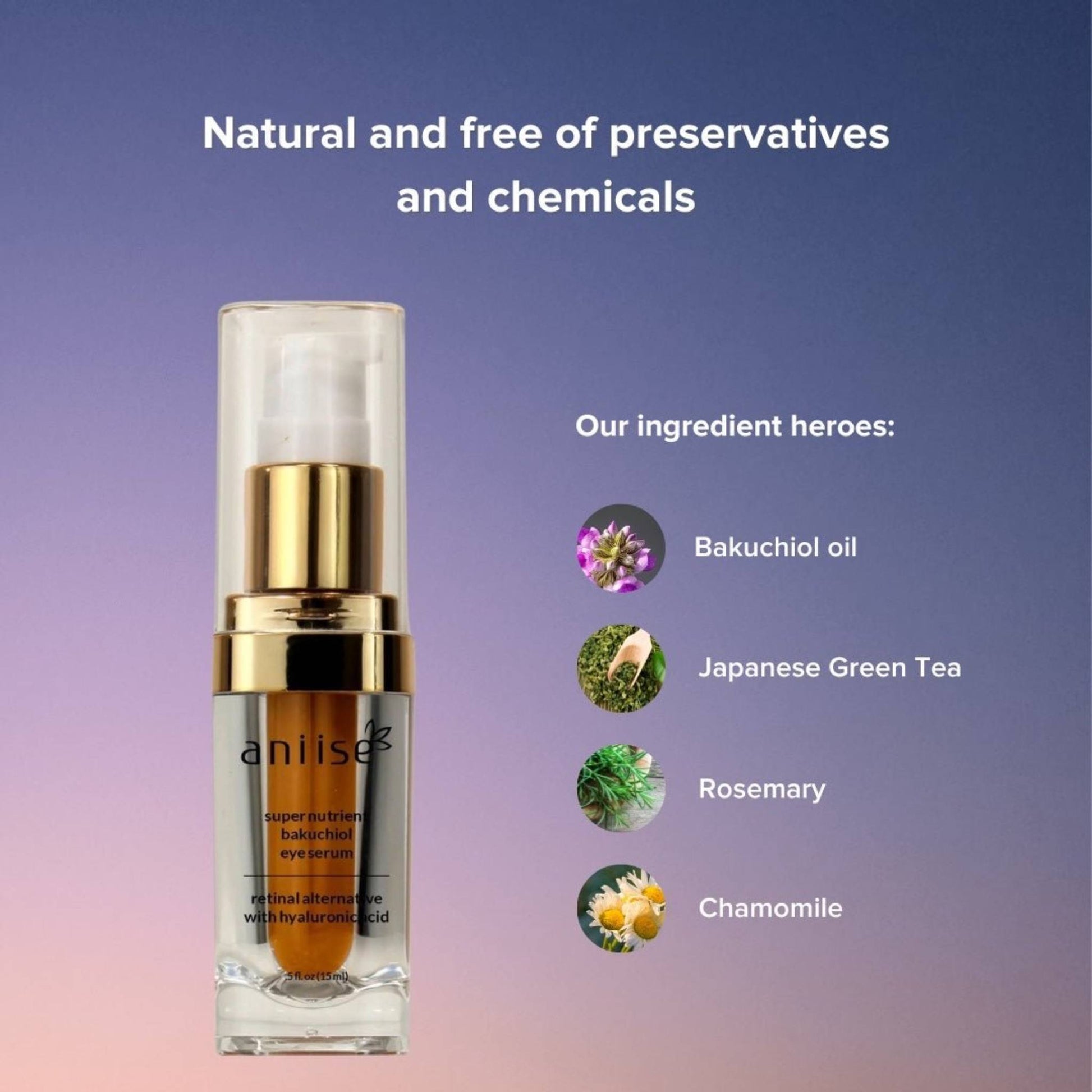 Anti-Aging Bakuchiol Eye Serum with natural ingredients like bakuchiol oil, Japanese Green Tea, Rosemary, and Chamomile.